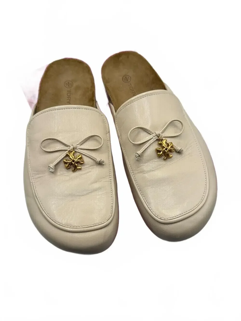Tory Burch Ivory Leather Slip-On Mules with Gold Bow Accent